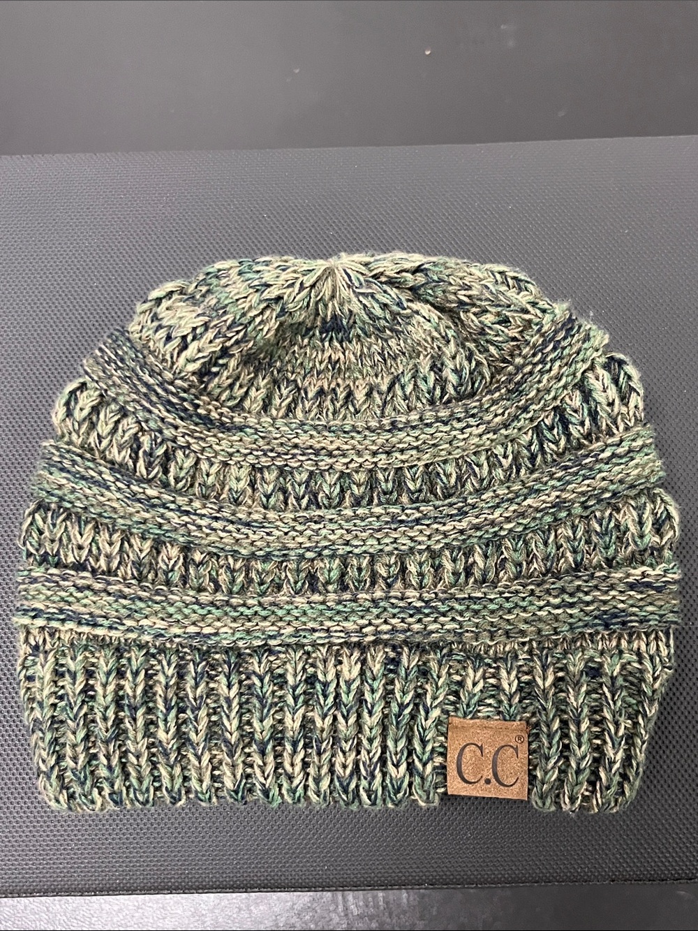 C.C Marled Green Knit Beanie with Logo Patch #1257